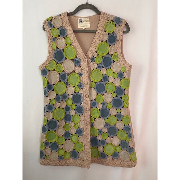 VTG Switzer's Crochet Knit Sweater Vest Circle Geometric 100% Wool Hong Kong 14 - Picture 1 of 11